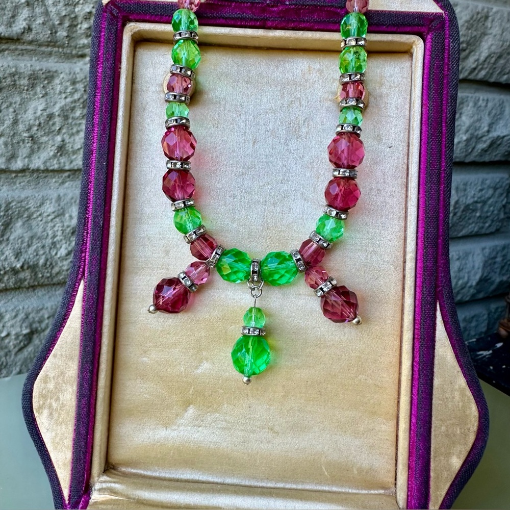 French Art Deco Old Czech Glass Beaded Pink and Green Crystal Princess Necklace
